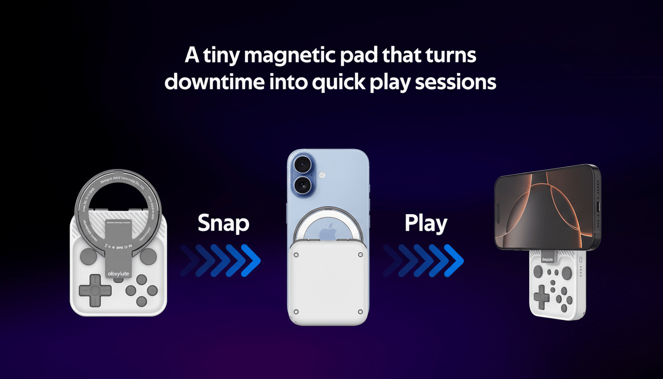 A 16:9 aspect ratio image showing a three-step process for a magnetic gaming pad. The first step shows the gaming pad, the second shows a phone snapping onto the pad, and the third shows the phone and pad in use, displaying a game. The background is a dark blue with subtle purple gradients.