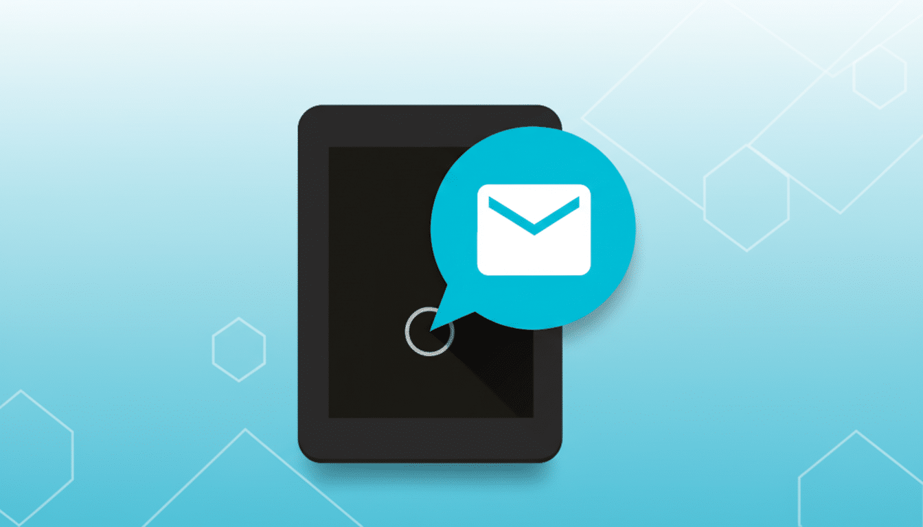 A black tablet with a white envelope icon in a blue speech bubble, set against a professional blue gradient background with subtle geometric patterns.