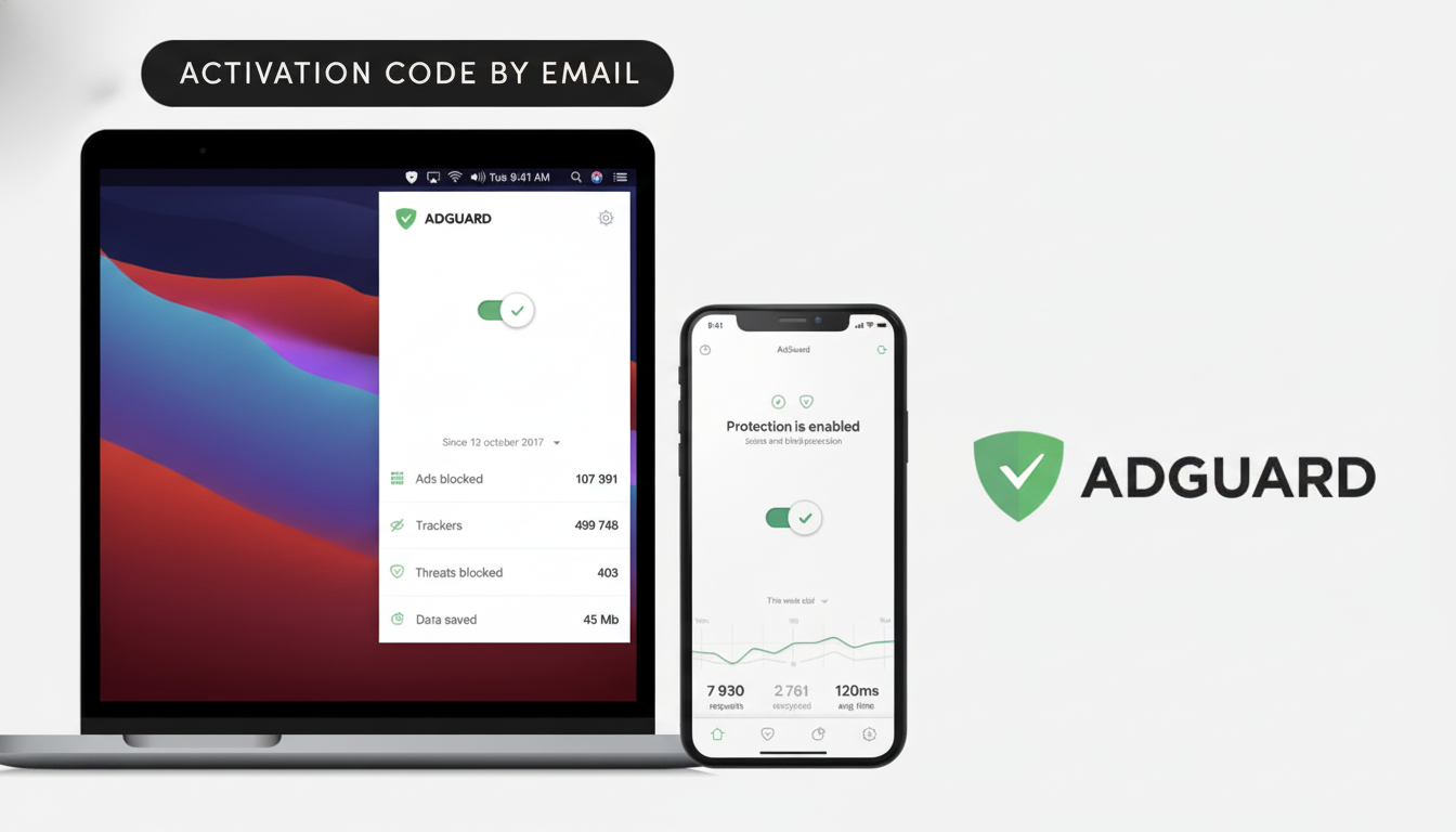 A laptop and a smartphone displaying the AdGuard application interface, with the AdGuard logo and text on the right, all set against a clean, professional gray background.
