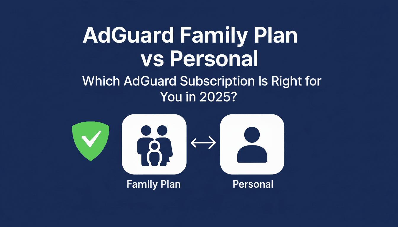A professional graphic comparing AdGuard Family Plan vs Personal, with icons representing each plan and the question Which AdGuard Subscription Is Right for You in 2025?