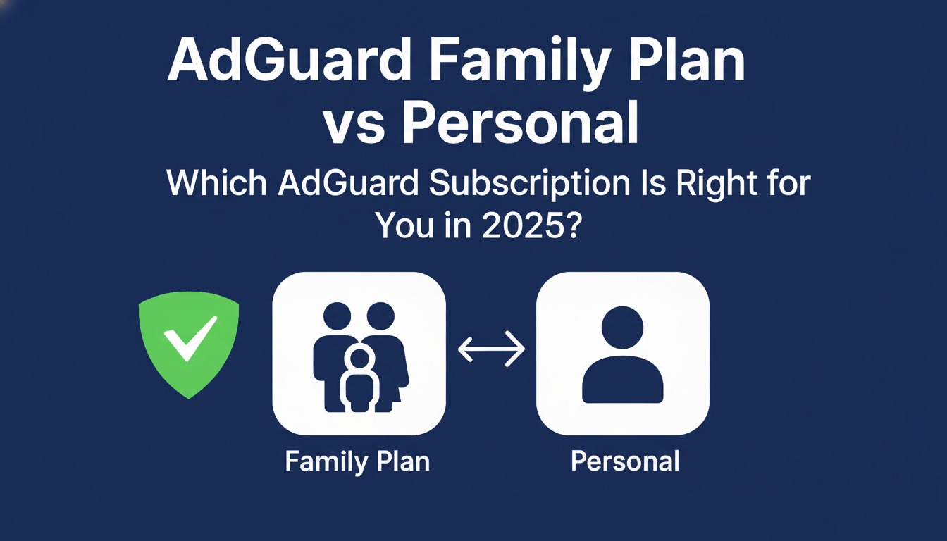 A professional graphic comparing AdGuard Family Plan vs Personal, with icons representing each plan and the question Which AdGuard Subscription Is Right for You in 2025?