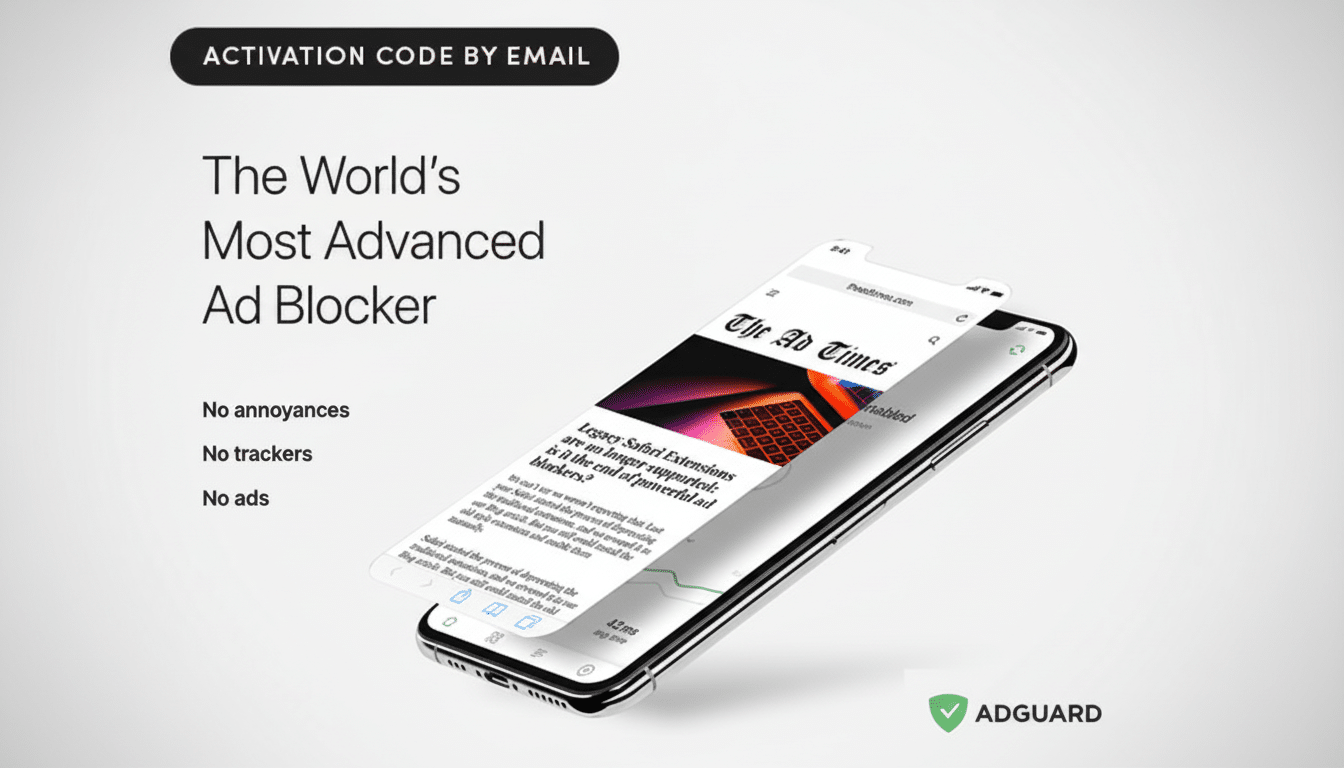 A smartphone displaying The Ad Times article, with text The Worlds Most Advanced Ad Blocker and features No annoyances, No trackers, No ads on a professional gradient background.