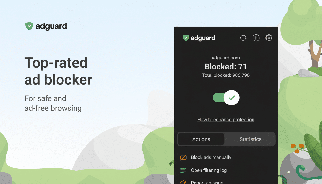 A screenshot of the AdGuard ad blocker interface, showing Blocked: 71 ads and a total of 986,796 ads blocked. The interface is set against a light background with green and grey abstract shapes, and the text Top-rated ad blocker and For safe and ad-free browsing are visible on the left.