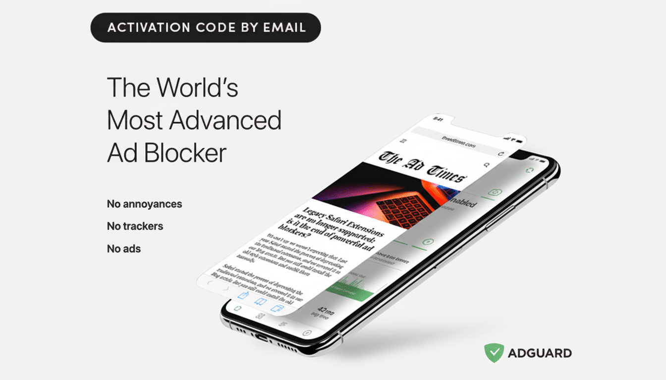 An image promoting an ad blocker, featuring a smartphone displaying The Ad Times website with an article about Safari extensions and ad blockers. The text The Worlds Most Advanced Ad Blocker is prominently displayed, along with bullet points No annoyances, No trackers, and No ads. A badge for ADGUARD is in the bottom right corner.