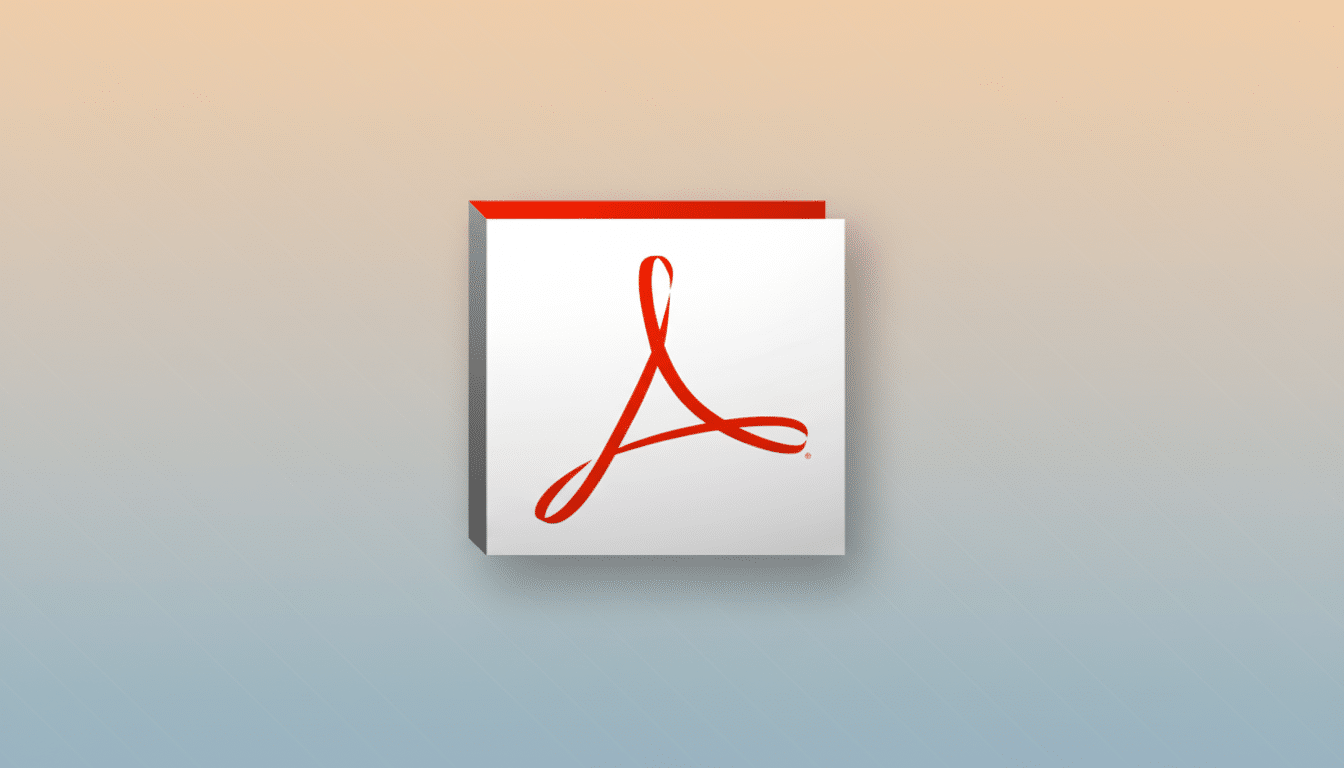 The Adobe PDF logo, a stylized red A on a white square with a subtle 3D effect, centered on a professional 16:9 background with a soft gradient from light orange to light blue.