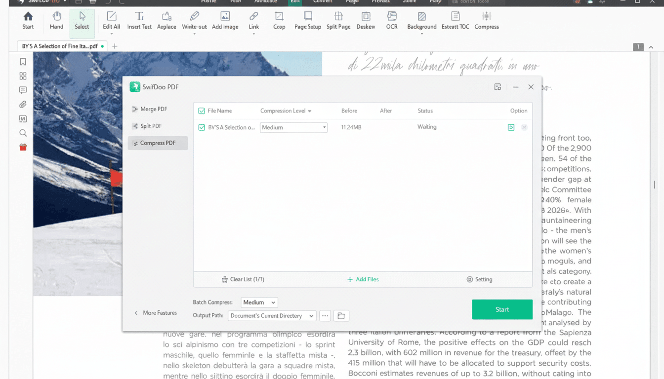 A screenshot of the SwifDoo PDF application, showing a dialog box for compressing a PDF file. The dialog box is open over a document with text and an image of mountains.