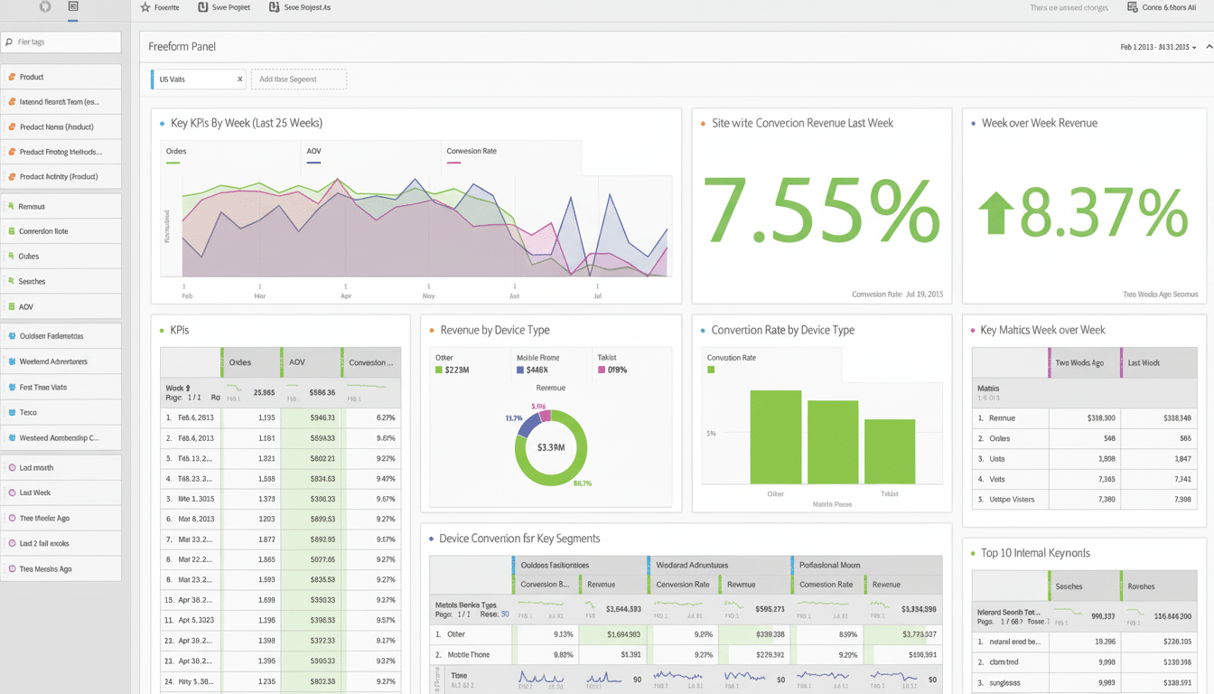 A dashboard displaying various key performance indicators (KPIs) related to website performance, including orders, average order value (AOV), conversion rates, revenue by device type, and weekly metrics.