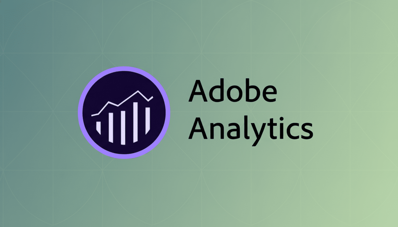 The Adobe Analytics logo, featuring a purple circle with a white bar graph and line graph, next to the words Adobe Analytics in black text, all set against a professional flat design background with soft green and grey gradients and subtle geometric patterns.