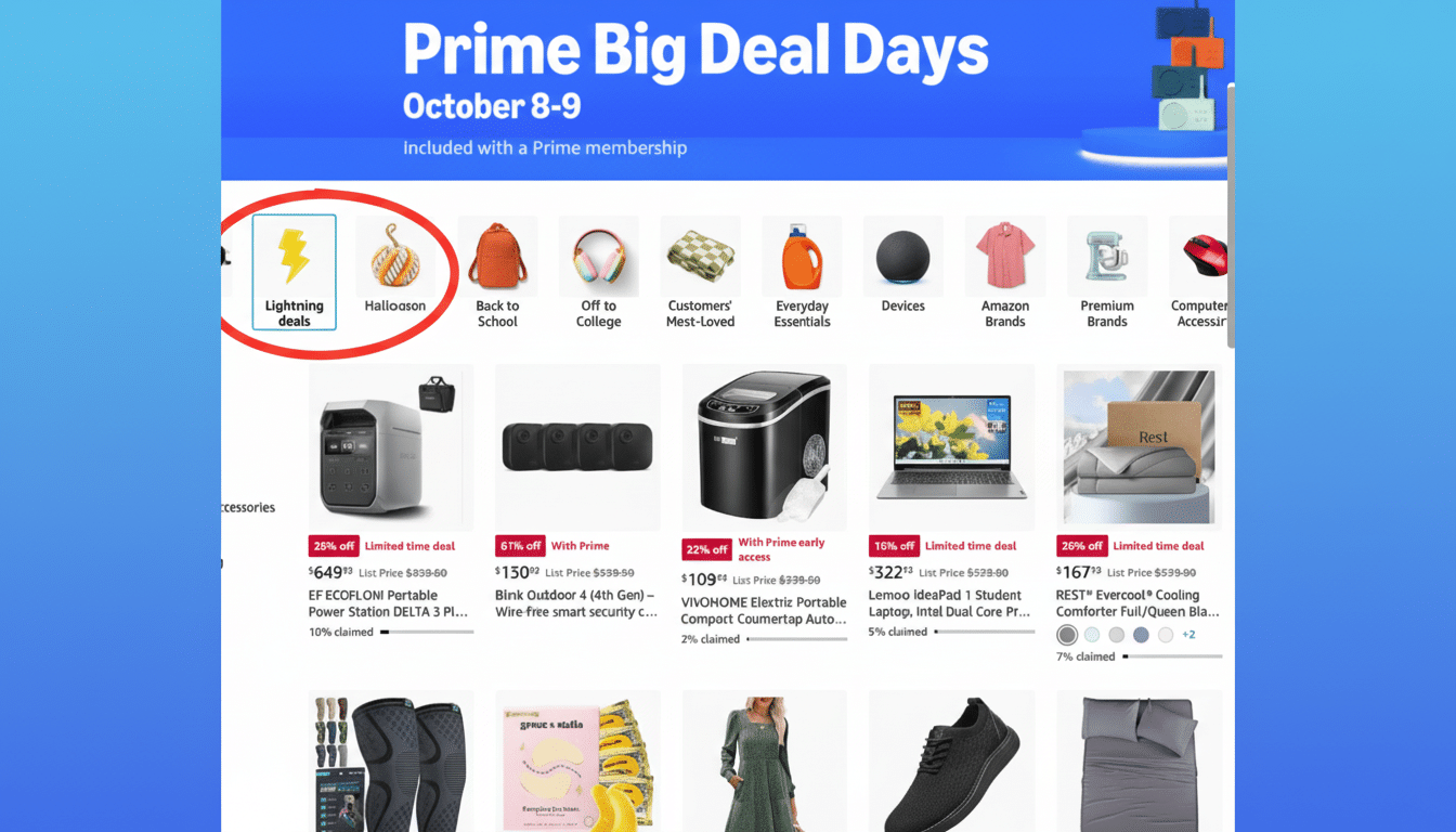 A screenshot of the Amazon Prime Big Deal Days homepage, resized to a 16:9 aspect ratio. The top banner advertises Prime Big Deal Days October 8-9. Below, a carousel of categories includes Lightning deals and Halloazon highlighted with a red circle. The main content displays various products with discounts, such as a portable power station, smart security cameras, an electric portable compact countertop ice maker, a laptop, a cooling comforter, and a body hair trimmer.
