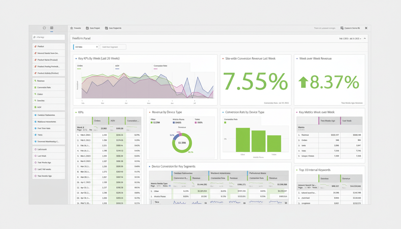 A dashboard displaying various metrics and analytics, including key performance indicators (KPIs), conversion rates, revenue by device type, and internal keywords.