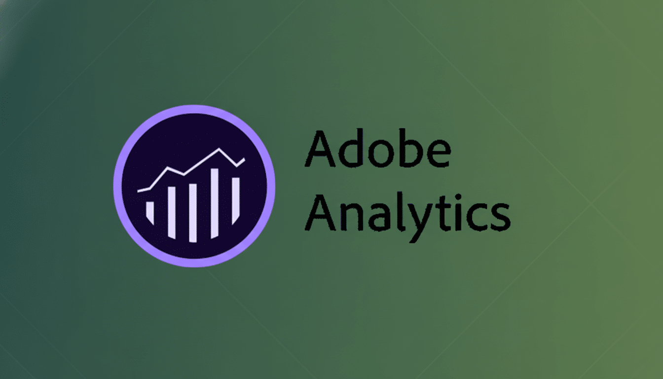The Adobe Analytics logo, featuring a purple circle with a white graph icon, and the text Adobe Analytics in black, set against a professional dark green gradient background.