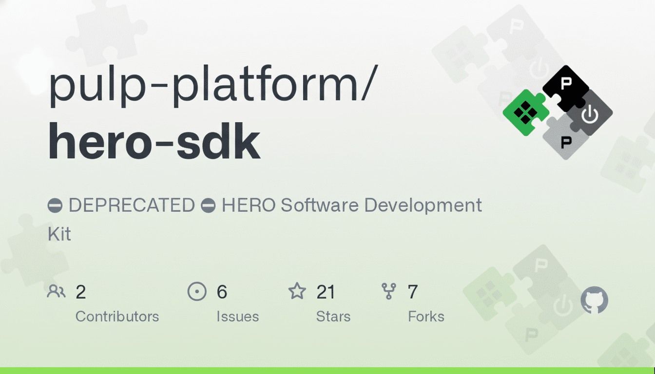A screenshot of a GitHub repository page for pulp-platform/hero-sdk with a puzzle piece logo, showing it is deprecated and has statistics for contributors, issues, stars, and forks.
