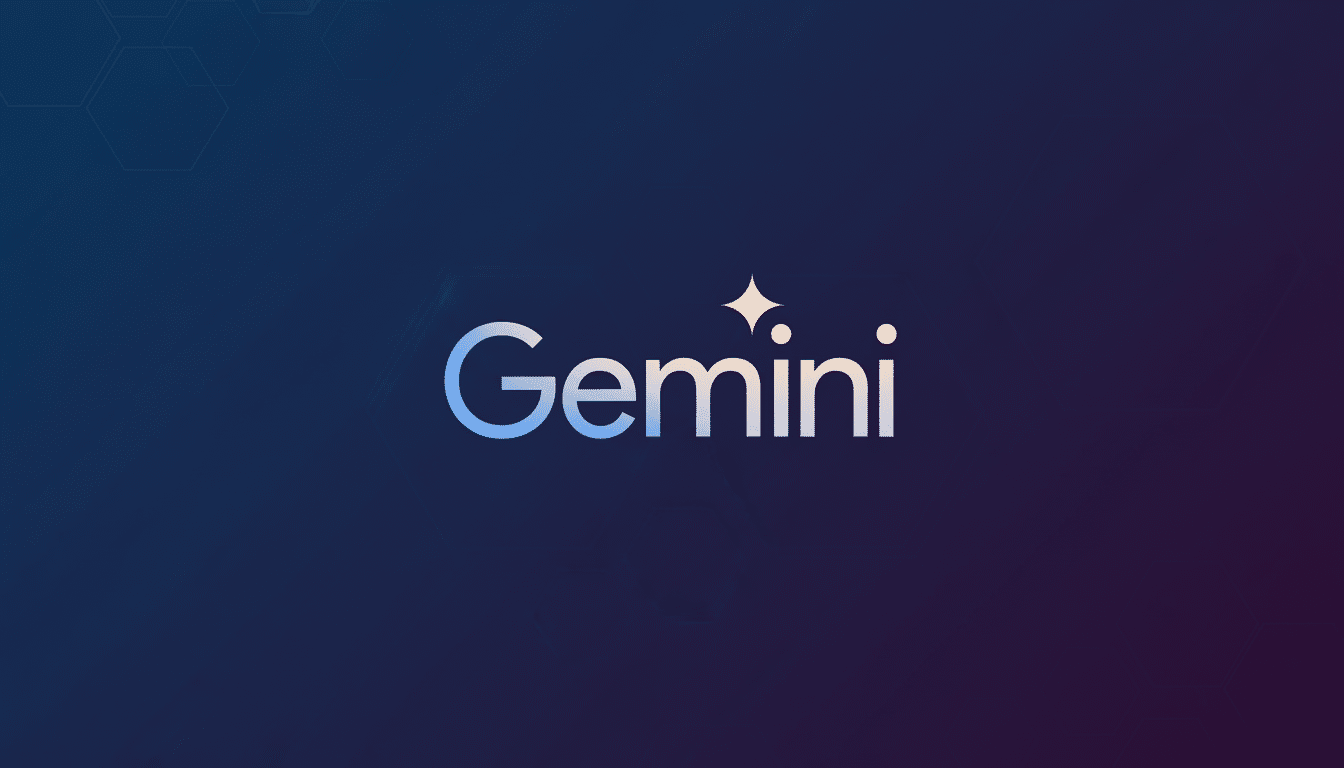 The Gemini logo, featuring the word Gemini in a light blue to white gradient with a sparkling star replacing the dot over the i, centered on a dark blue and purple gradient background with subtle hexagonal patterns.