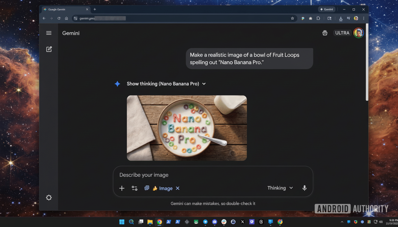 A screenshot of the Google Gemini interface, displaying a generated image of a bowl of Fruit Loops spelling out Nano Banana Pro. The interface is set against a space-themed desktop background.