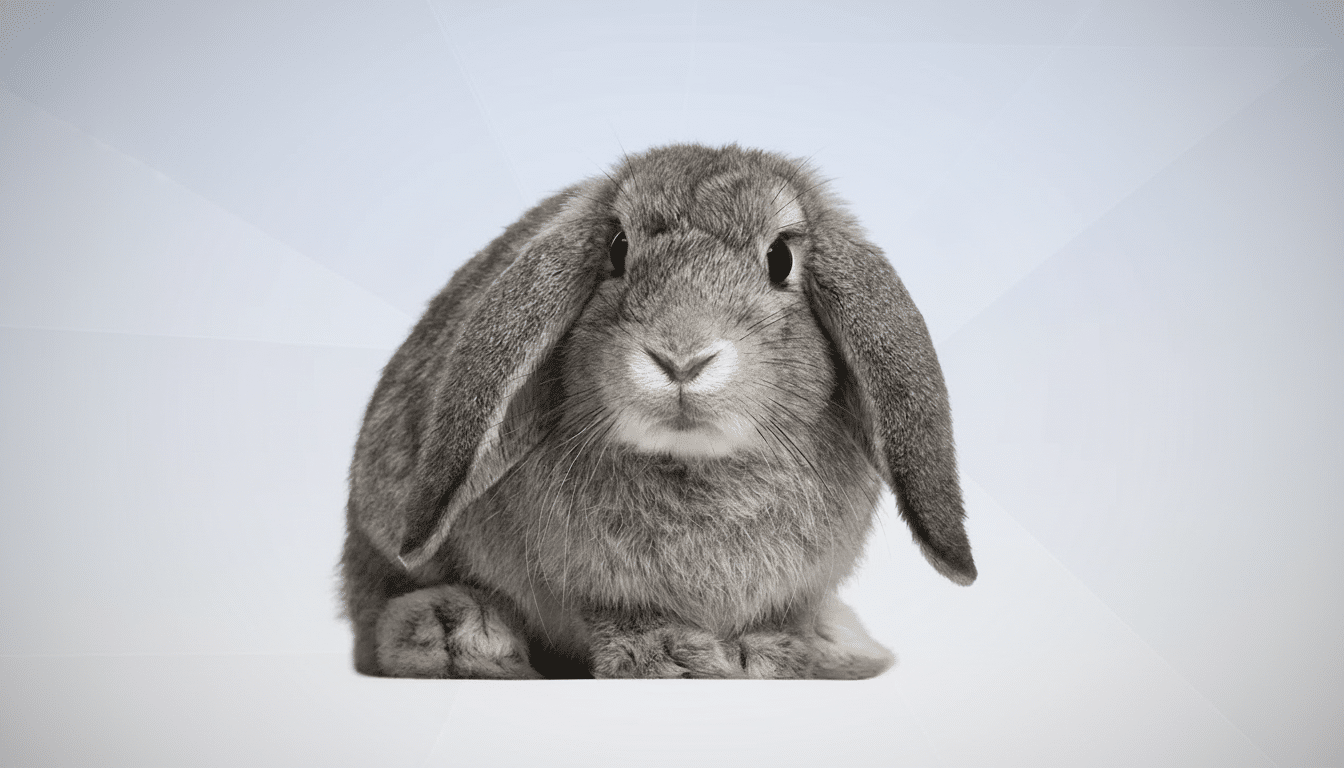 A gray lop-eared rabbit sitting on a light gray background with subtle geometric patterns.