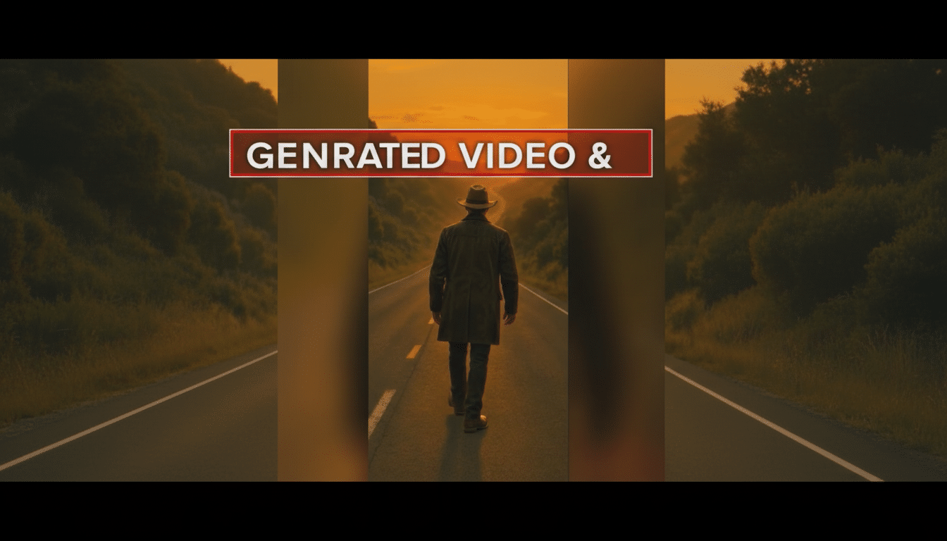 A man in a hat and coat walks down a road at sunset, with the text GENERATED VIDEO & overlaid at the top.