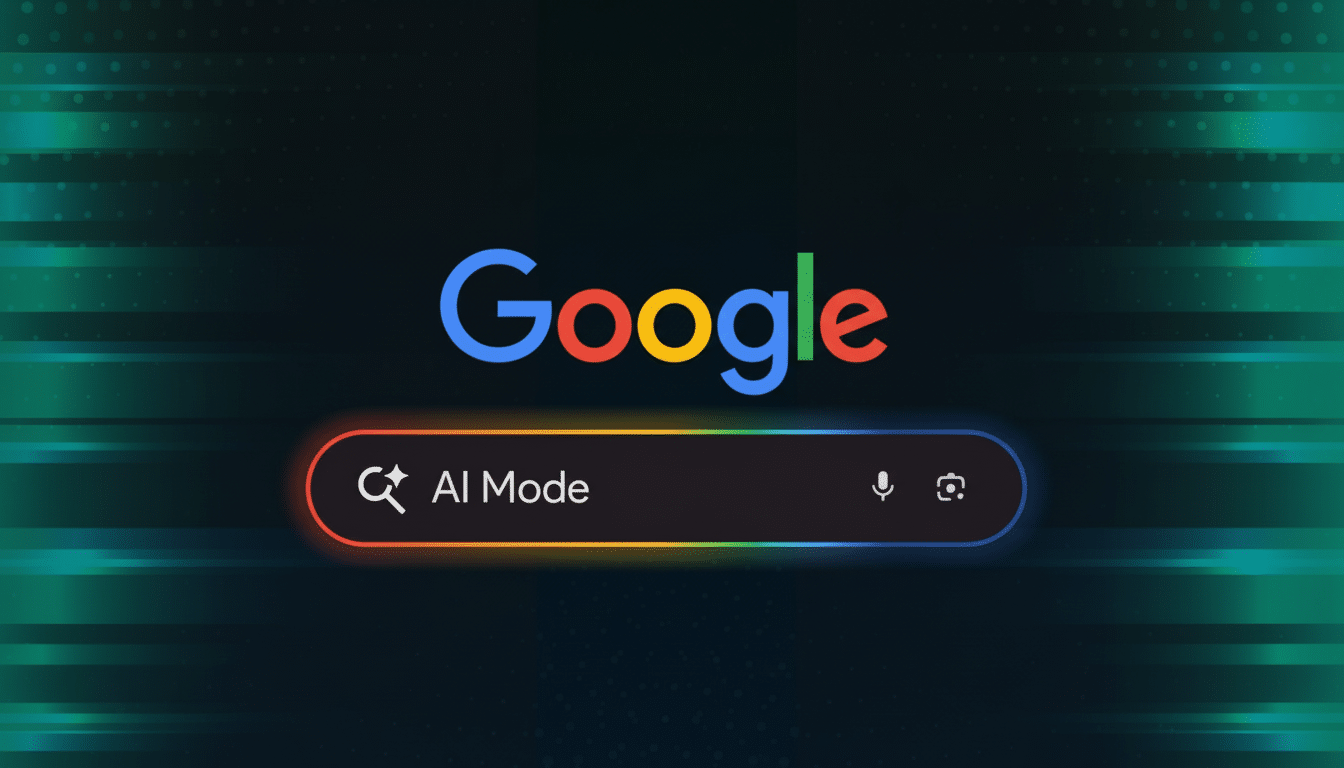 The Google logo above a search bar displaying AI Mode with a colorful outline, set against a dark background with green horizontal lines and subtle dot patterns.