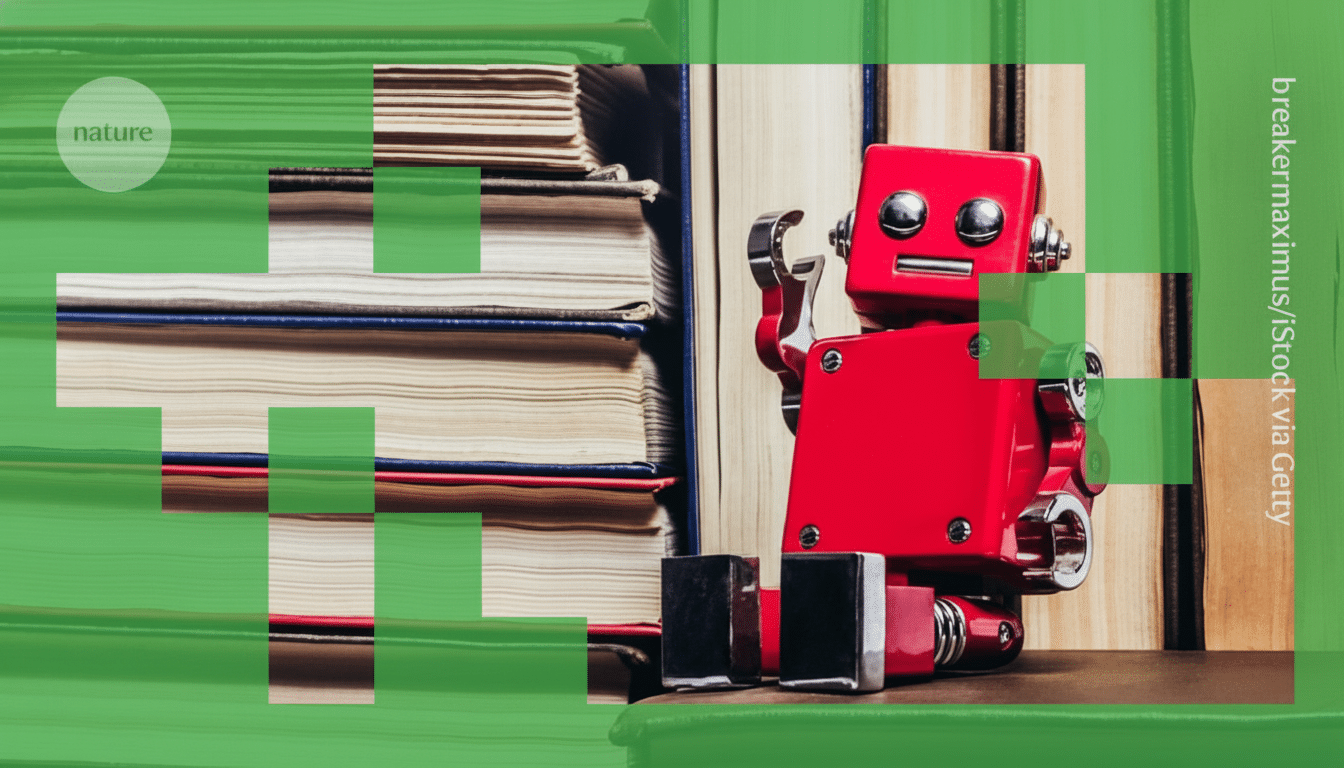 A red toy robot sits on a shelf next to a stack of books, with a green overlay featuring the nature logo and text breakermaximus/iStock via Getty.
