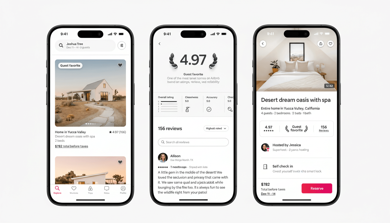 Three iPhone screens displaying an Airbnb listing for a Desert dream oasis with spa in Joshua Tree. The first screen shows the listings main image of a modern white house in a desert landscape. The second screen displays the guest favorite rating of 4.97 with detailed reviews. The third screen shows the listing details with an image of a bedroom and options to reserve.