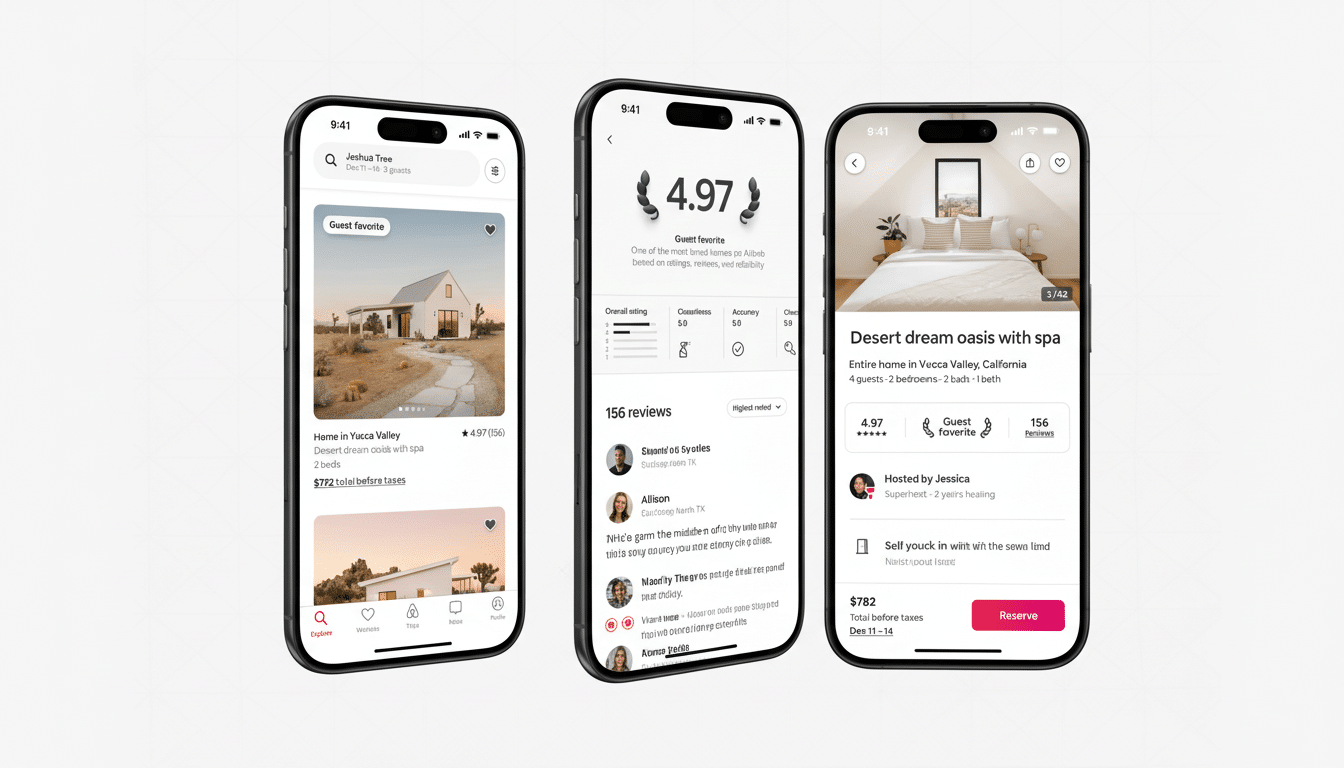 Three iPhone screens displaying an Airbnb listing for a Desert dream oasis with spa in Yucca Valley. The left screen shows the listings main image of a modern white house in a desert landscape, with details about the home and price. The middle screen displays the guest favorite rating of 4.97 stars, with detailed breakdowns of overall rating, cleanliness, accuracy, and check-in, along with 156 reviews. The right screen shows the listings details, including the title, location, amenities, host information, and a Reserve button with the price.