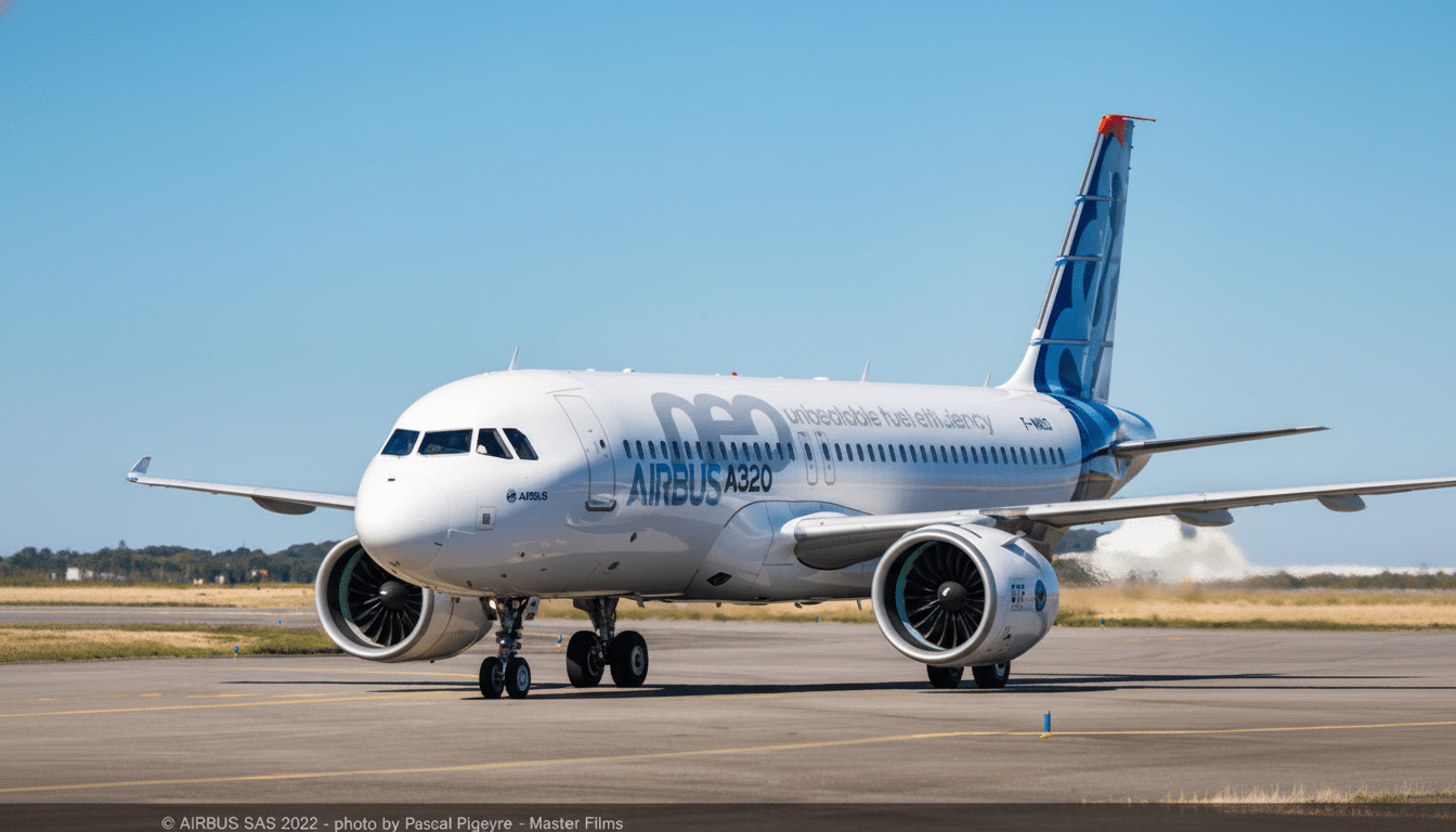 Airbus aircraft with solar flare graphic, highlighting software fix for radiation risk