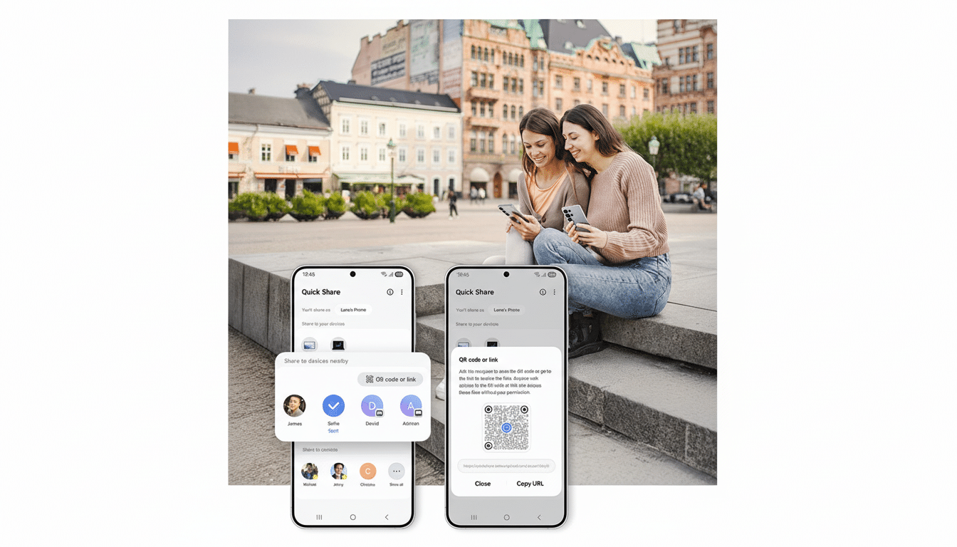 Two women sitting on steps in a city, looking at their phones, with two phone screens displaying Quick Share interface in the foreground.