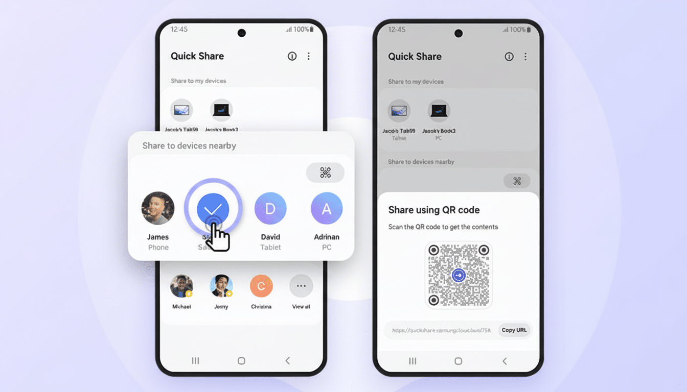 Two smartphones displaying the Quick Share feature, with one showing options to share to nearby devices and the other showing a QR code for sharing.