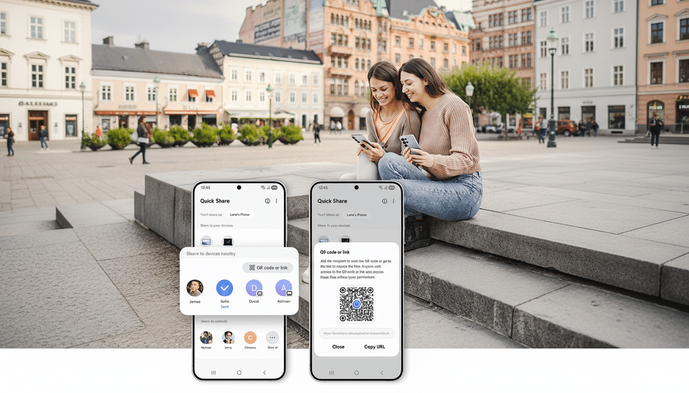 Two women sitting on steps in a European city, looking at their phones. In the foreground, two phones display the Quick Share interface, showing options for sharing files via nearby devices or a QR code.