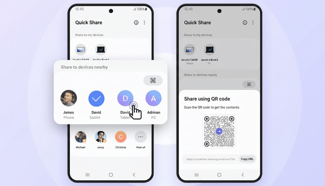 Two smartphones displaying the Quick Share feature, with one showing options to share to nearby devices and the other showing a QR code for sharing.