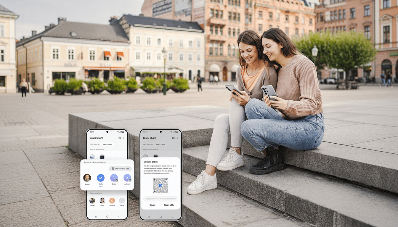 Two women sitting on steps in a city square, looking at their smartphones. In the foreground, two smartphones display the Quick Share interface, showing options to share files via nearby devices or a QR code.