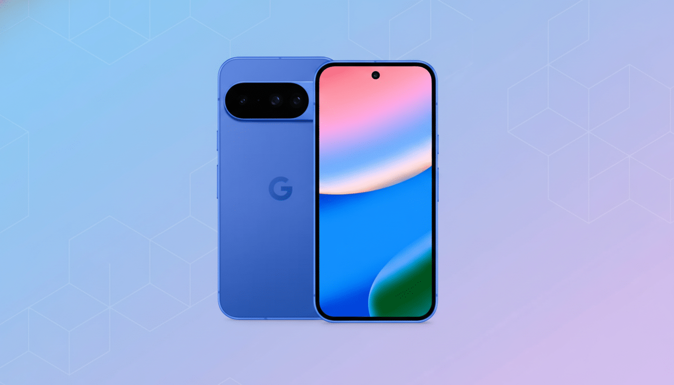 A blue smartphone with a camera bar on the back and a screen displaying a colorful abstract wallpaper, presented on a professional flat design background with soft patterns and gradients.