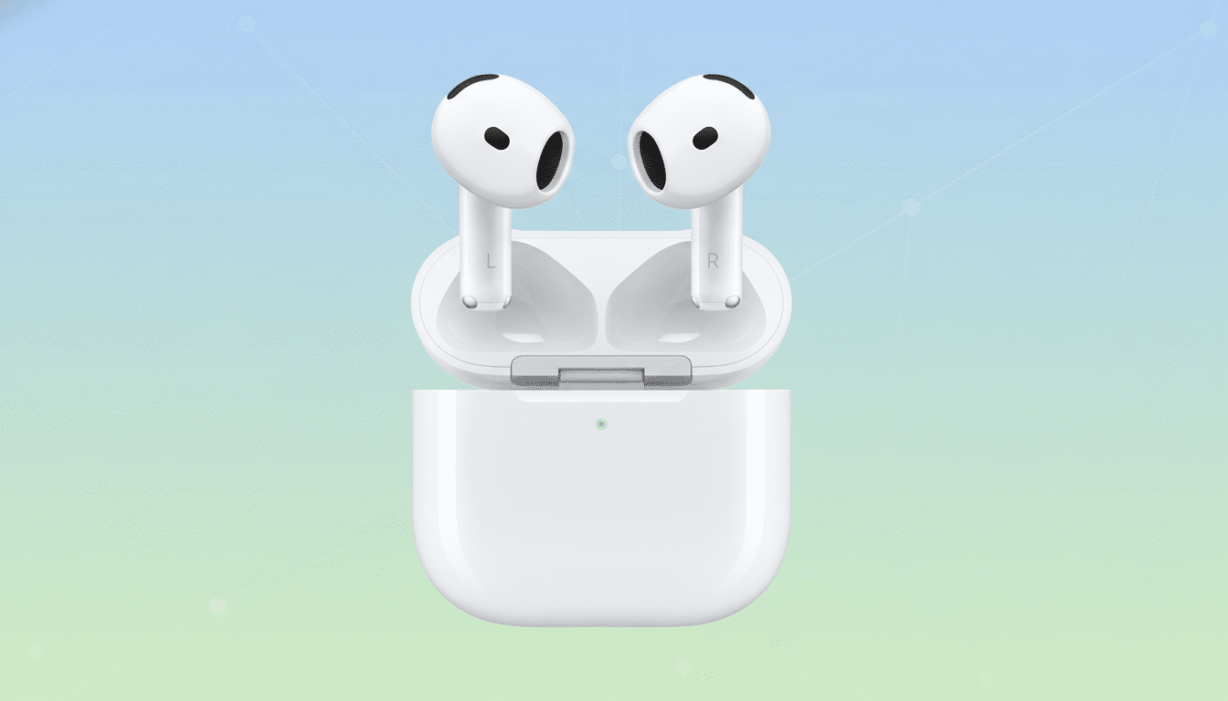 A pair of white wireless earbuds in their open charging case, presented against a professional flat design background with soft blue and green gradients and subtle geometric patterns.