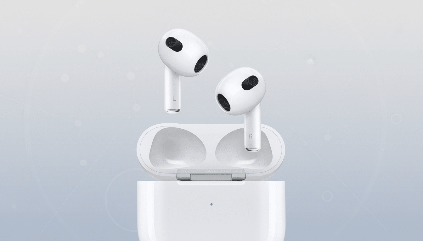 A pair of white Apple AirPods (3rd generation) with their charging case, presented on a professional flat design background with soft patterns and gradients.