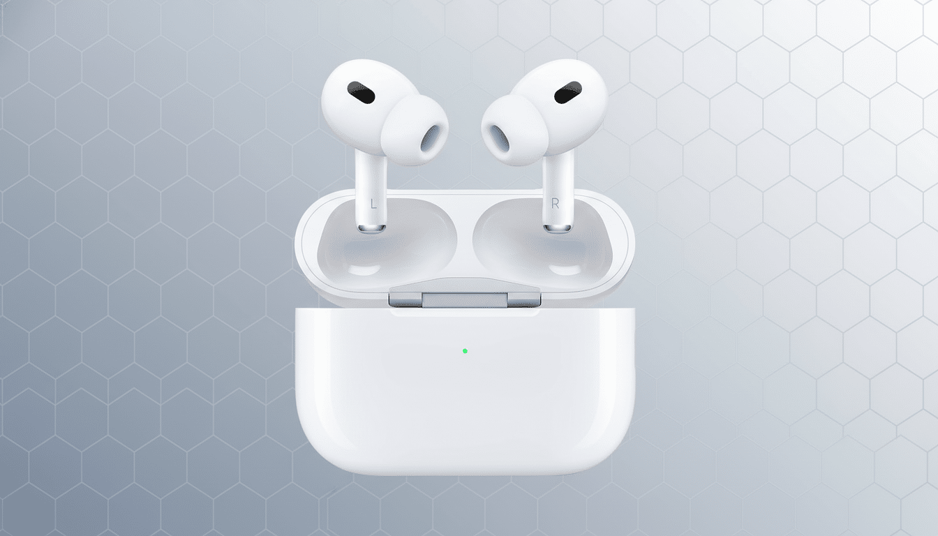A pair of white wireless earbuds in their open charging case, presented on a professional flat design background with soft hexagonal patterns and a subtle gradient.