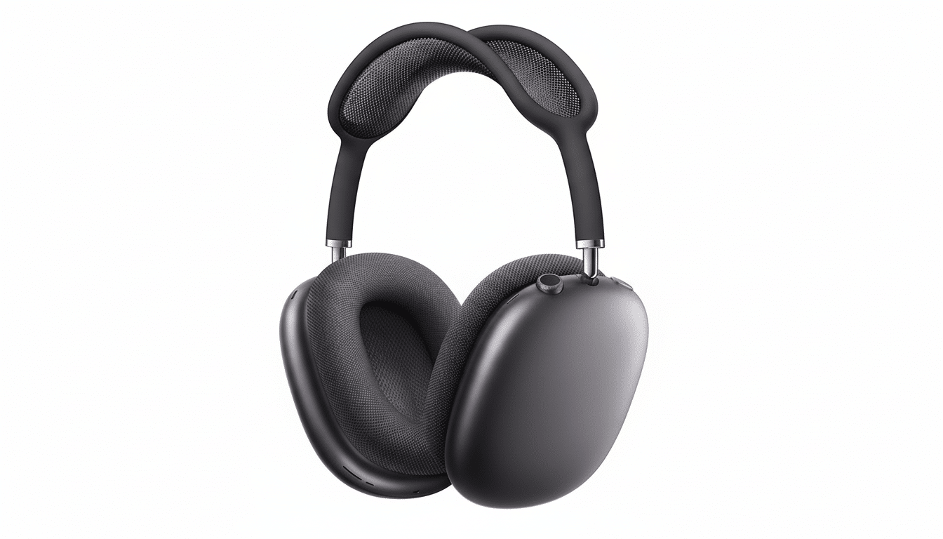 A pair of space gray Apple AirPods Max headphones with a white background, resized to a 16:9 aspect ratio.