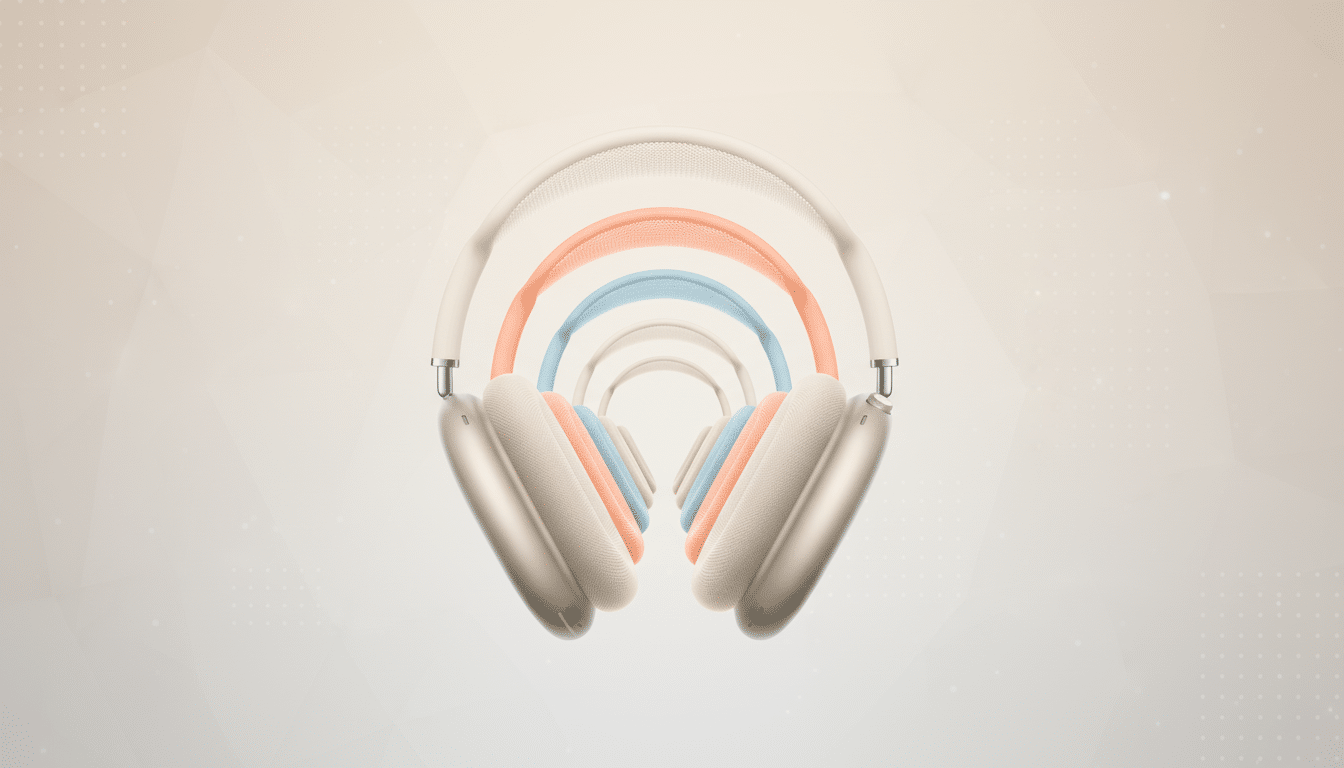 A professional 16:9 image of multiple AirPods Max headphones in various colors, arranged in an arc, with a soft gradient background.