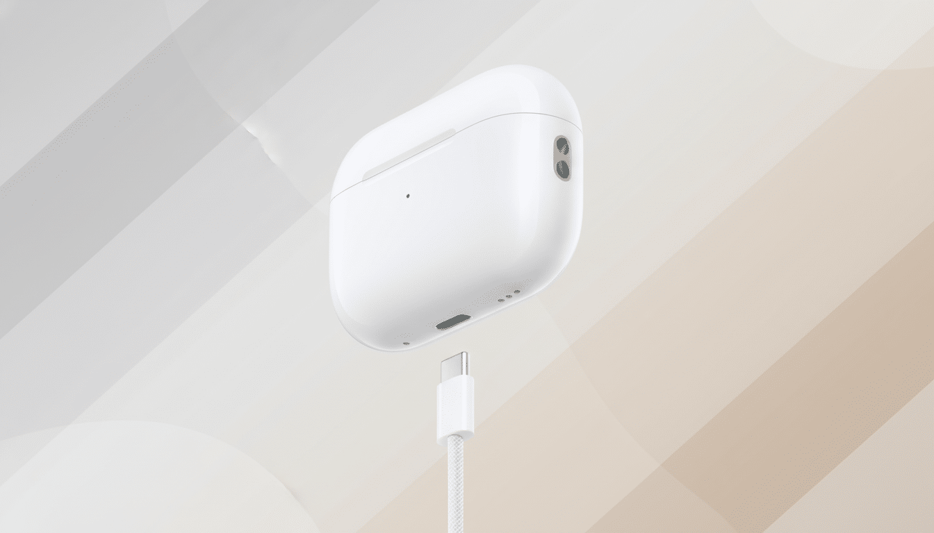 A white AirPods Pro charging case with a white USB-C cable plugged into the bottom, set against a professional flat design background with soft patterns and gradients.