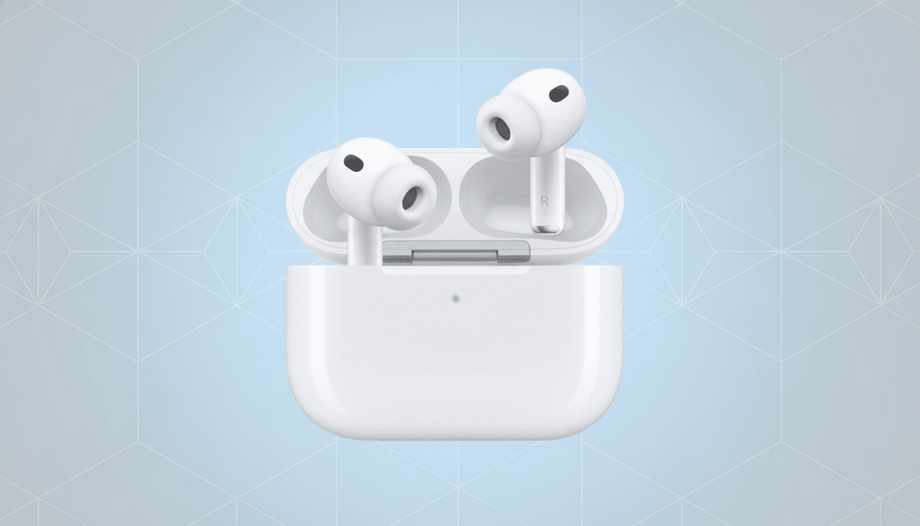 A pair of white wireless earbuds in their open charging case, set against a professional light blue background with subtle geometric patterns.