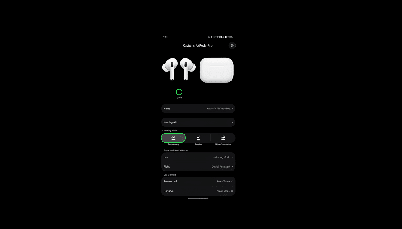 AirPods Pro connected to Android phone via free app enabling noise canceling and spatial audio