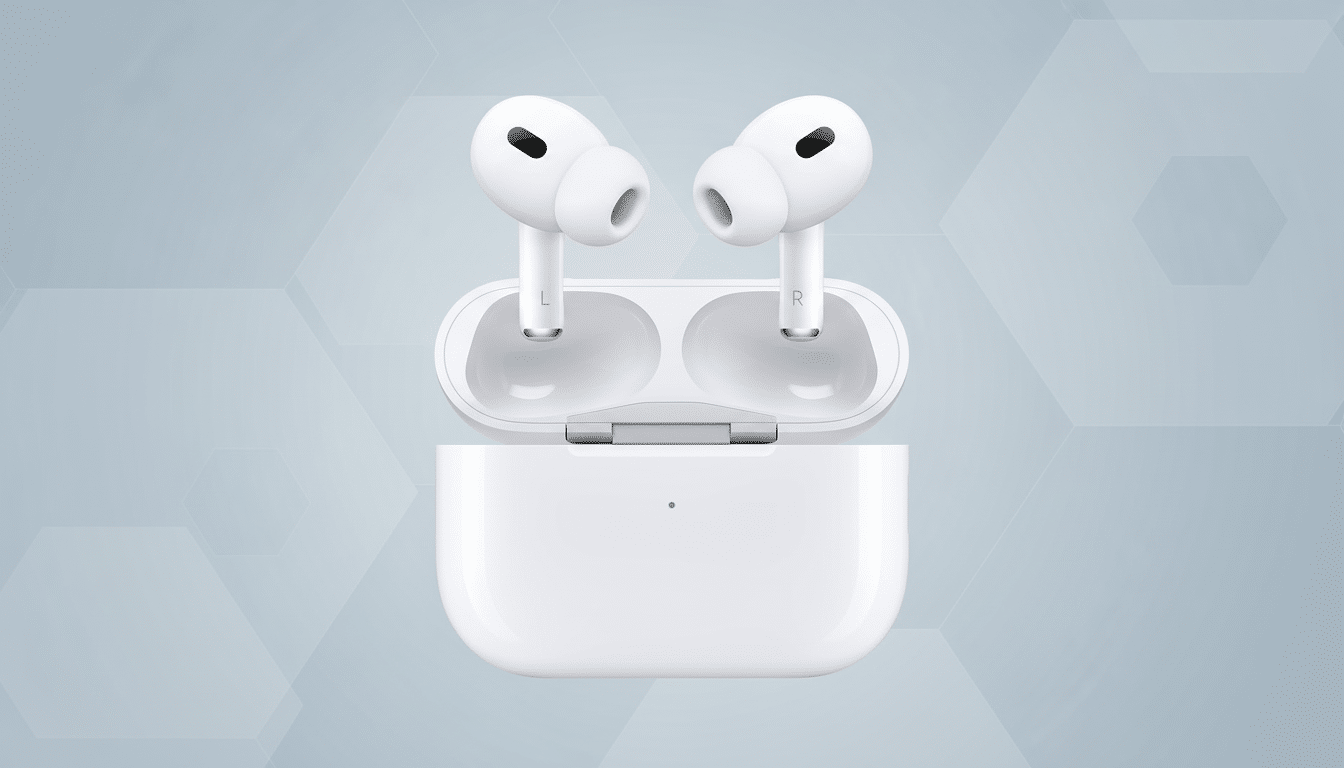 A pair of white wireless earbuds in their open charging case, presented on a professional flat design background with soft geometric patterns.
