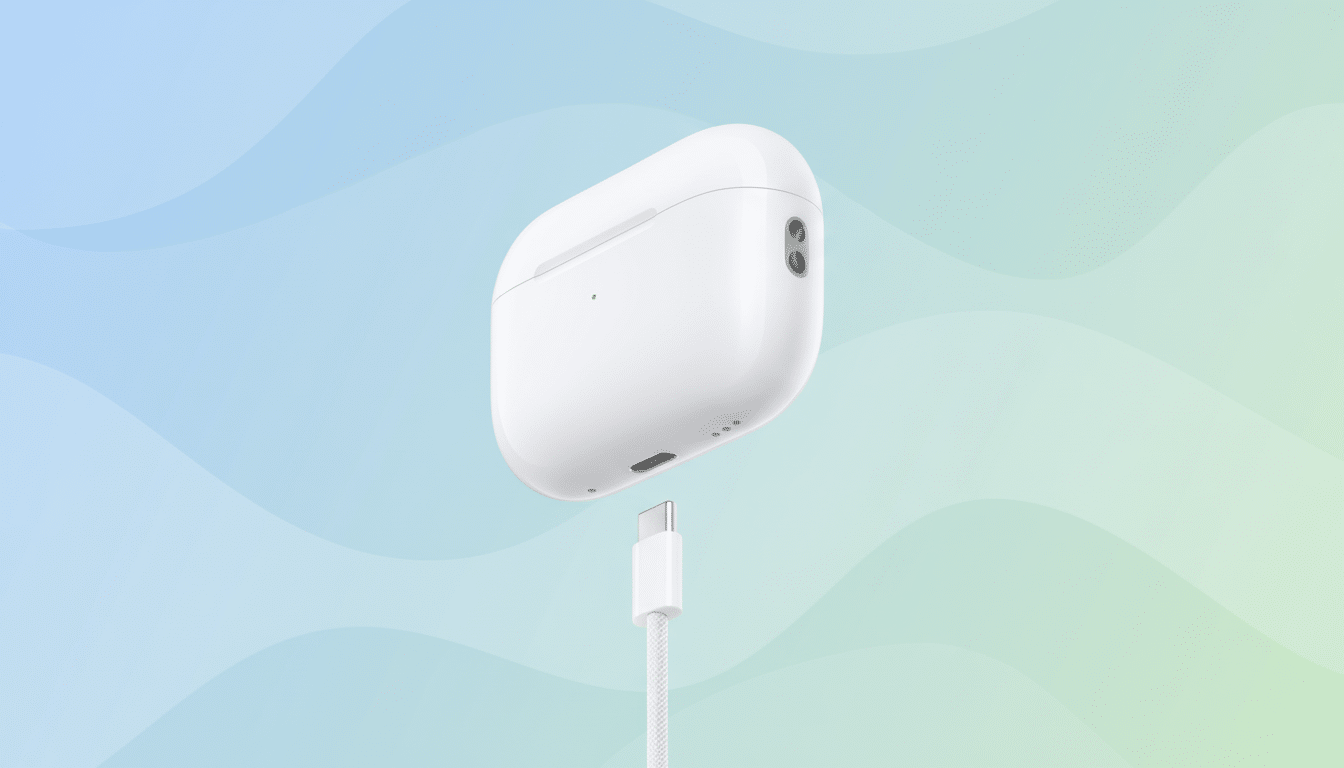 A white AirPods Pro charging case with a USB-C cable plugged in, set against a professional flat design background with soft blue and green gradients and subtle wave patterns.