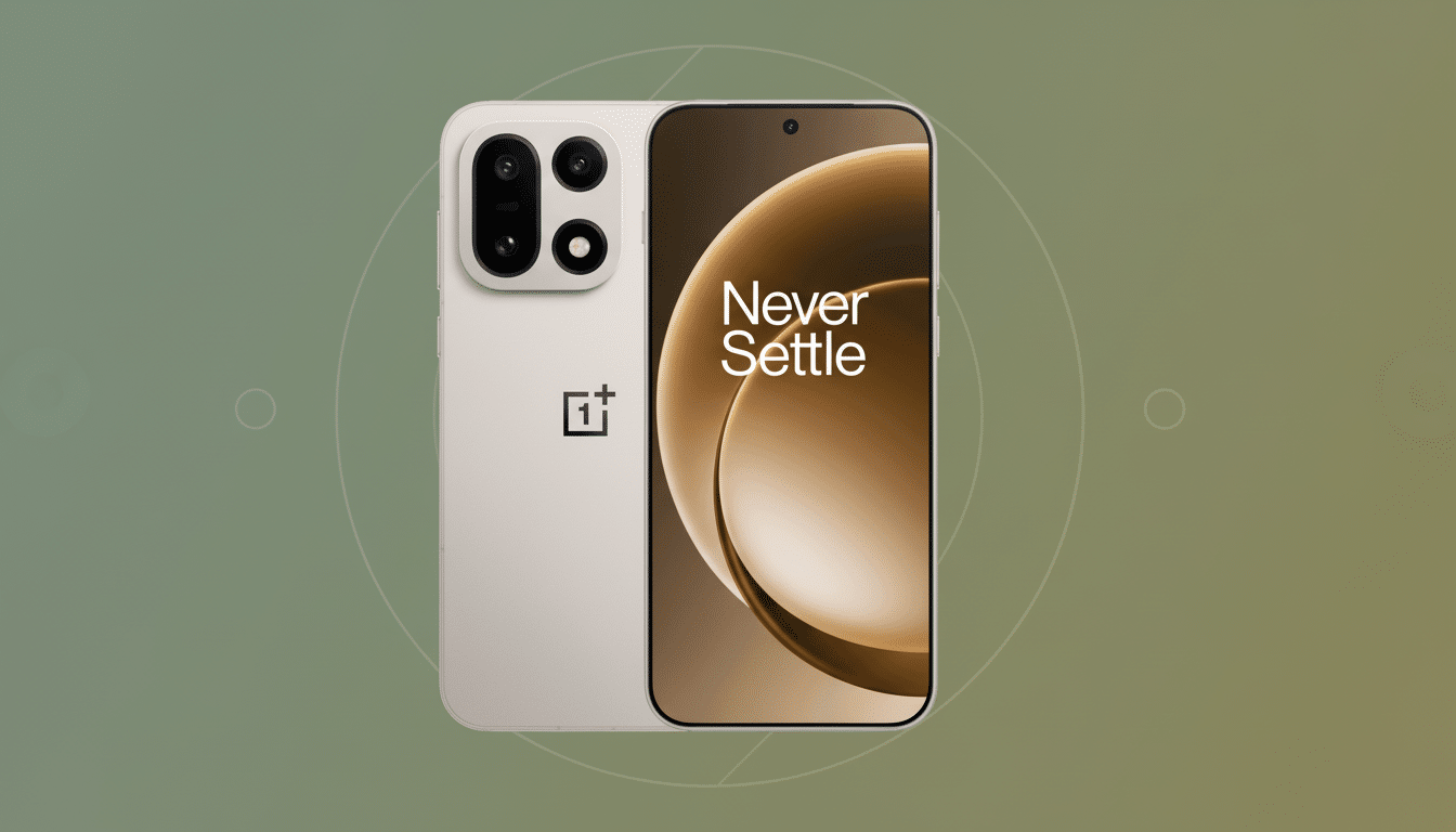A OnePlus smartphone in a 16:9 aspect ratio, featuring a beige back with a black camera module and the OnePlus logo. The screen displays Never Settle against a brown and black abstract background. The overall background is a professional flat design with soft green gradients and subtle circular patterns.