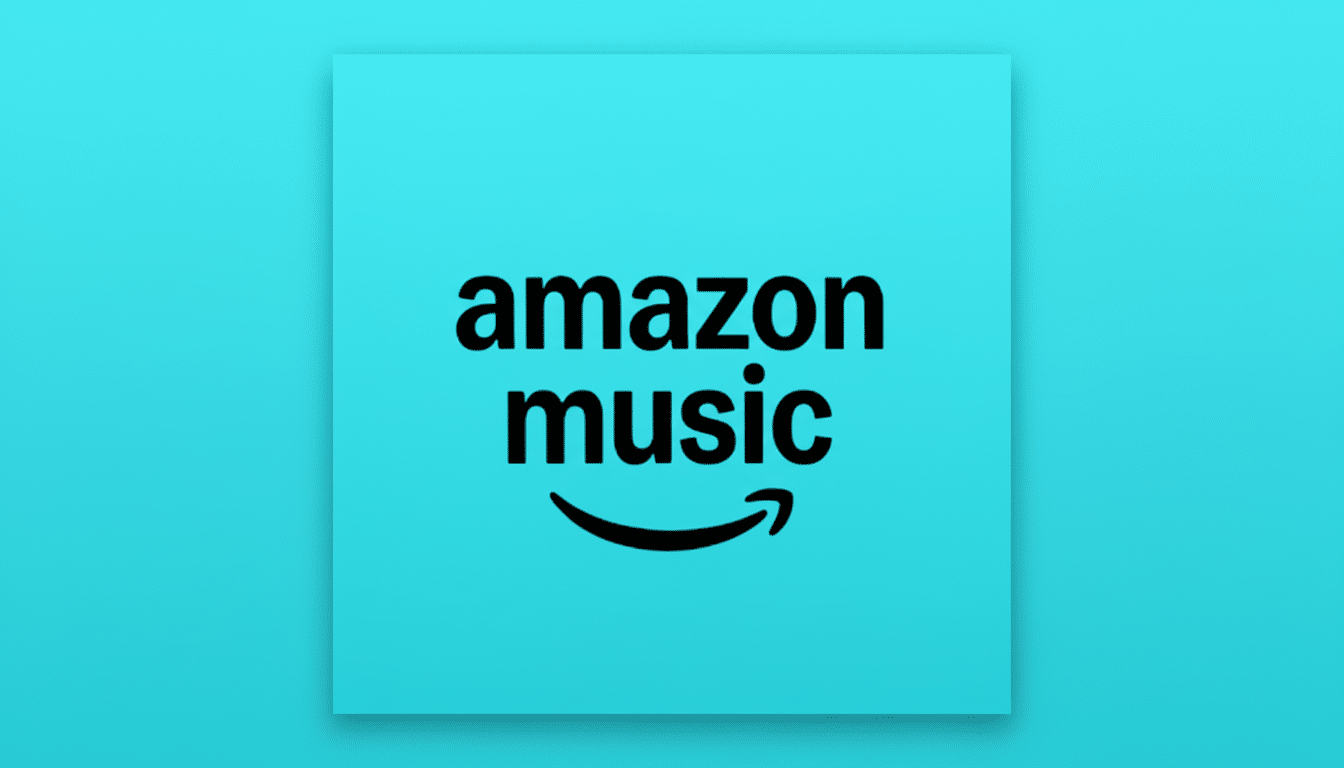The Amazon Music logo, featuring the words amazon music in black text with a black curved arrow underneath, set against a teal background. The logo is centered on a slightly darker teal background with a subtle gradient.