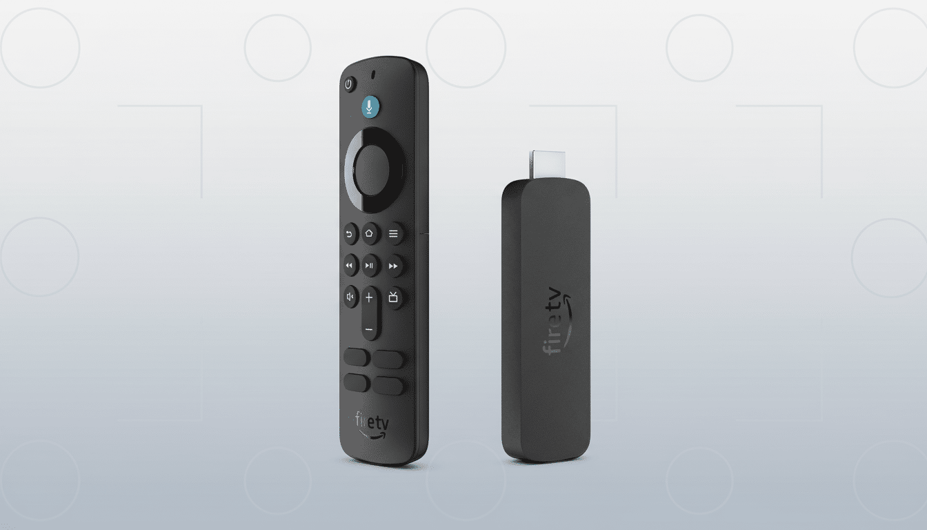 An Amazon Fire TV Stick and its remote control are displayed on a professional flat design background with soft patterns.
