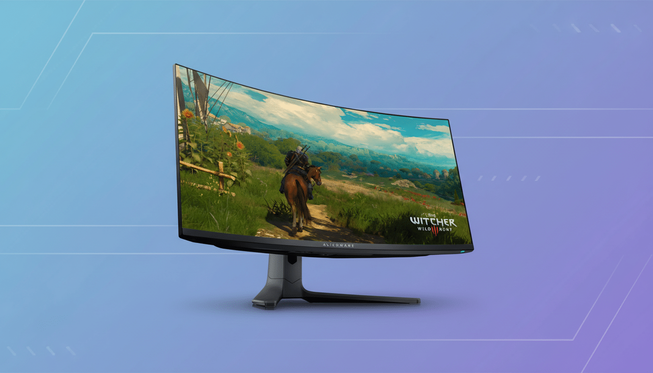 An Alienware curved gaming monitor displaying a scene from The Witcher 3: Wild Hunt, set against a professional flat design background with soft blue and purple gradients and subtle geometric patterns.