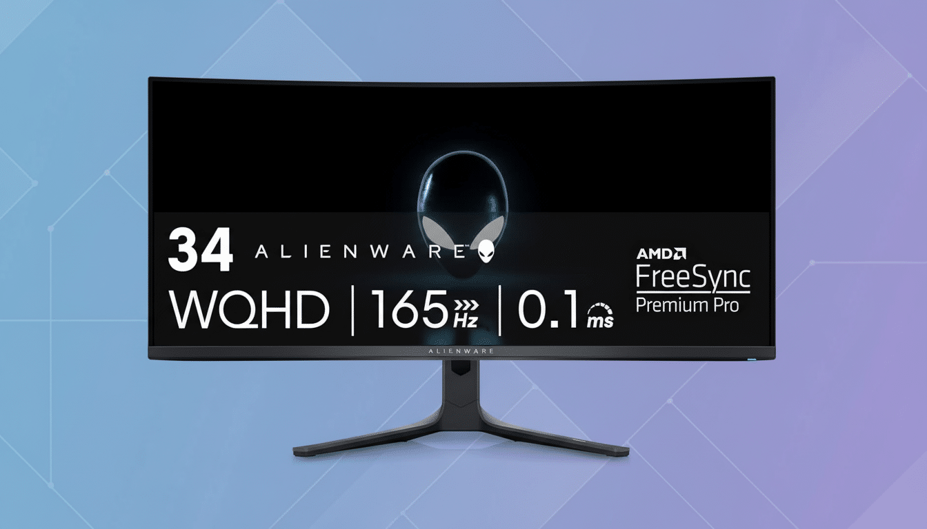 A 16:9 aspect ratio image of an Alienware 34-inch WQHD 165Hz 0.1ms gaming monitor with AMD FreeSync Premium Pro, set against a professional flat design background with soft blue and purple gradients and subtle patterns.