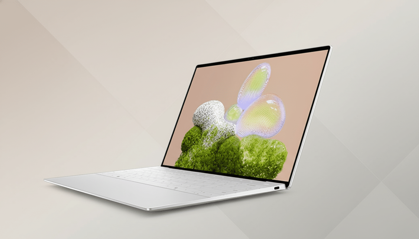 A silver laptop with a vibrant screen display, set against a professional flat design background with soft patterns.