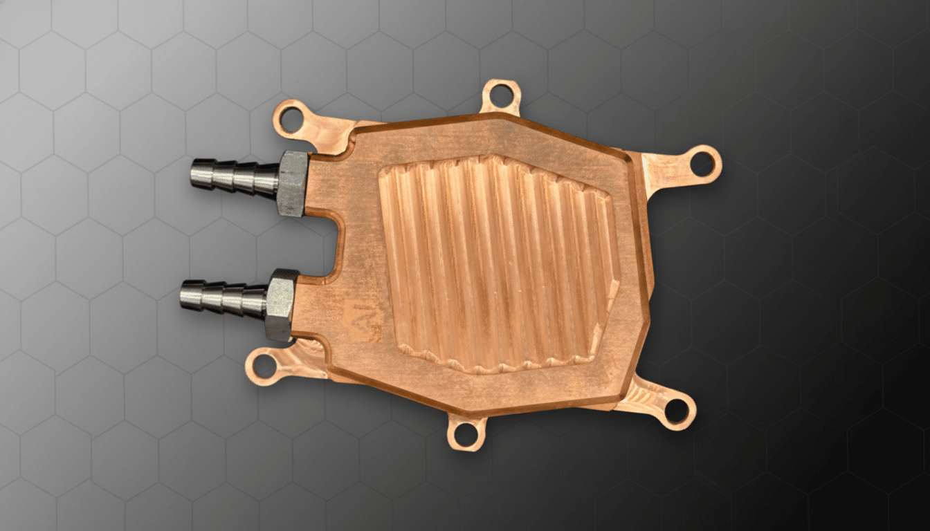 A copper water block for computer cooling, featuring two silver barbed fittings on the left side, set against a professional dark gray background with a subtle hexagonal pattern.
