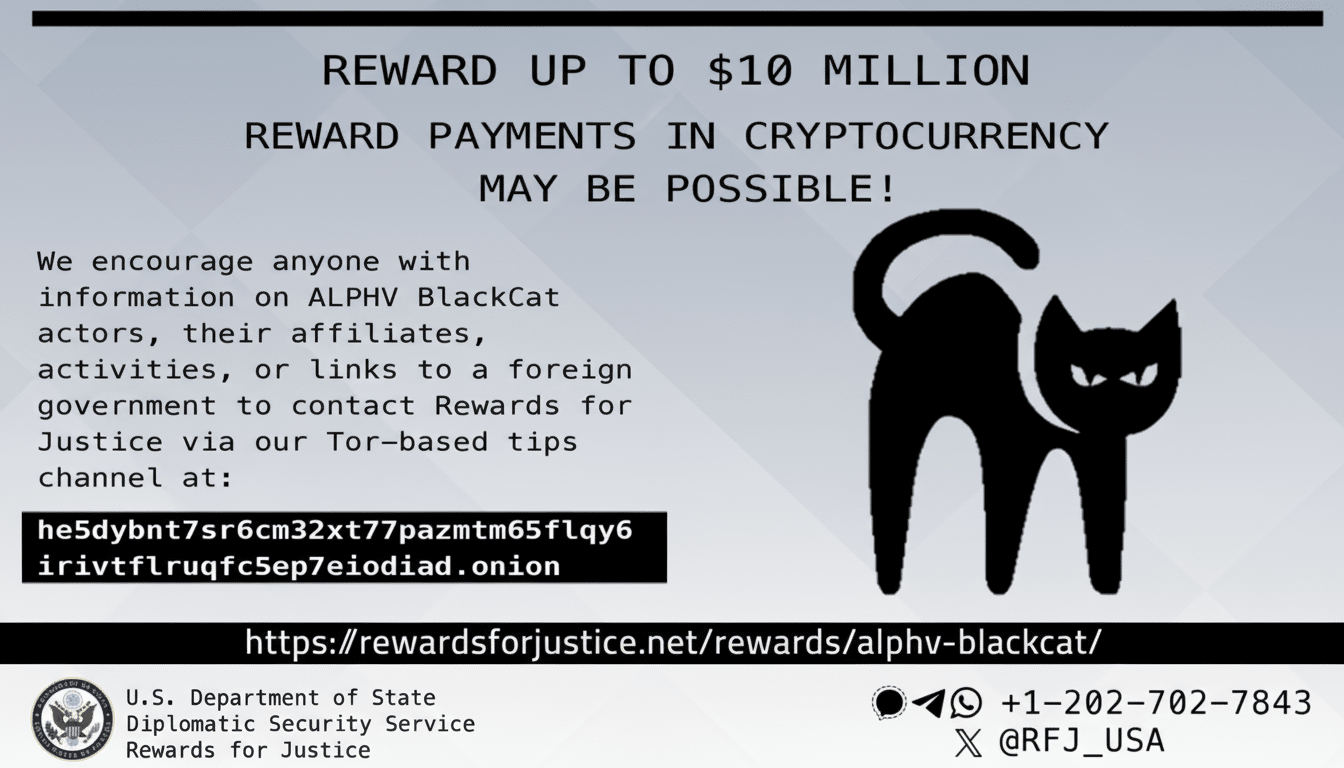 A professionally enhanced image of a reward poster with a black cat logo, offering up to  million for information on ALPHV BlackCat actors, with contact details for Rewards for Justice.