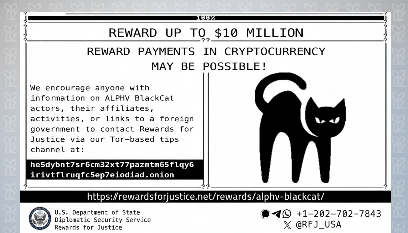 A professional, enhanced image of a reward poster with a black cat logo, offering up to  million for information on ALPHV BlackCat actors, with contact details for Rewards for Justice.